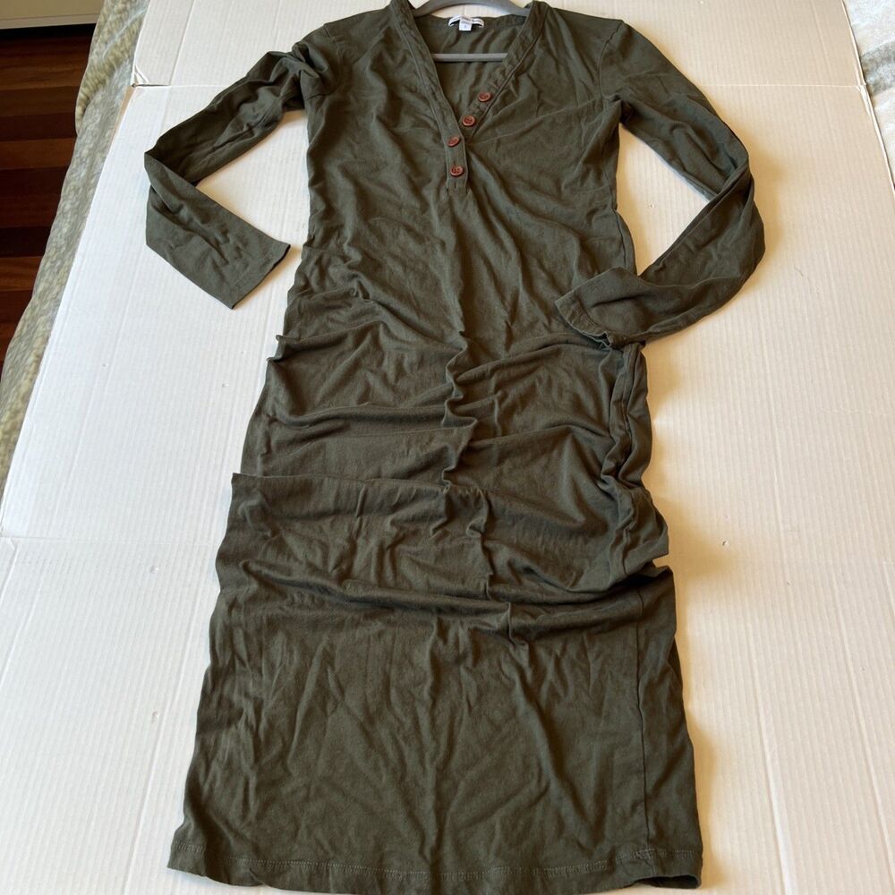 James Perse Sz 2 Olive Button Midi/Maxi Dress V-neck Cotton/see Details - Picture 3 of 11